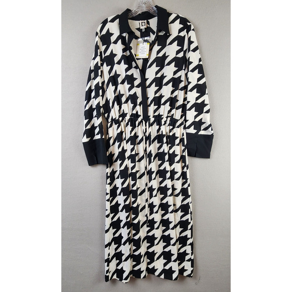 Anne Klein Women Houndstooth Drawstring Shirtdress Size 14 Black/White MSRP $139 - Picture 1 of 9